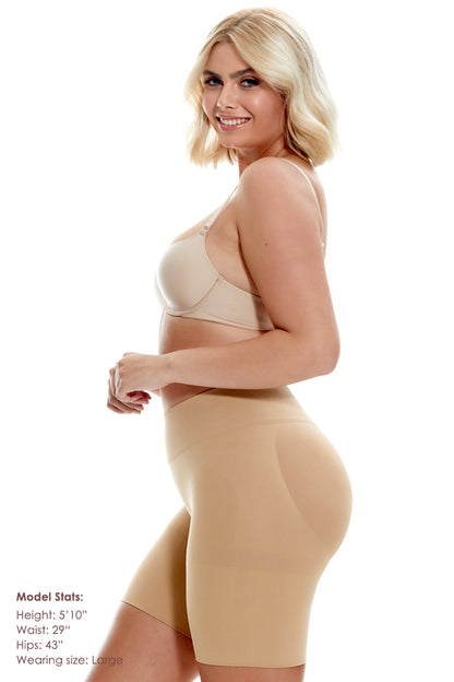 Profile view of beige Bunhuggers Seamless Butt Lift Shorts